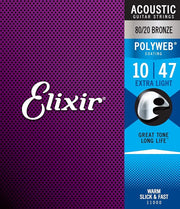 Elixir Polyweb Coating 80/20 Bronze Acoustic Guitar 6-String Set, Extra Light 11000 (10|47) , Light 11050 (12|53))