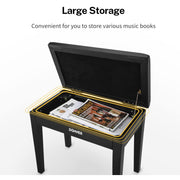 Donner Piano Bench with Storage, Solid Wood Keyboard Bench Piano Bookcase Stool Chair Seat with High-Density Sponges Pad, Black